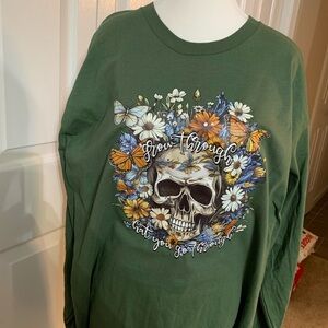 Green Shirt with Skull and Floral Design